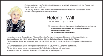 Traueranzeige von Helene Will von Frankenpost