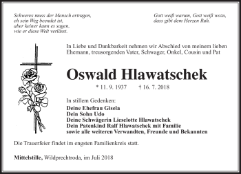 Traueranzeige von Oswald Hlawatschek von Südthüringer Presse
