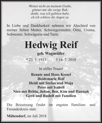 Traueranzeige von Hedwig Reif von Südthüringer Presse