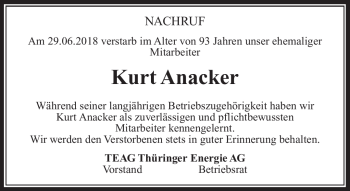 Traueranzeige von Kurt Anacker von Südthüringer Presse