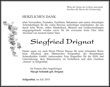 Traueranzeige von Siegfried Drignat von Südthüringer Presse