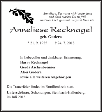 Traueranzeige von Anneliese Recknagel von Südthüringer Presse