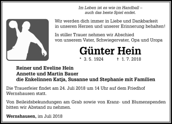Traueranzeige von Günter Hein von Südthüringer Presse