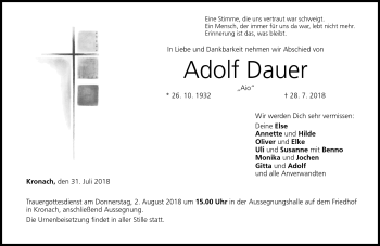 Traueranzeige von Adolf Dauer von Neue Presse Coburg