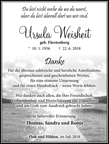 Traueranzeige von Ursula Weisheit von Südthüringer Presse