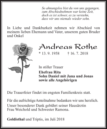 Traueranzeige von Andreas Rothe von Südthüringer Presse
