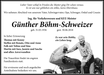 Traueranzeige von Böhm-Schweizer Günther von Südthüringer Presse