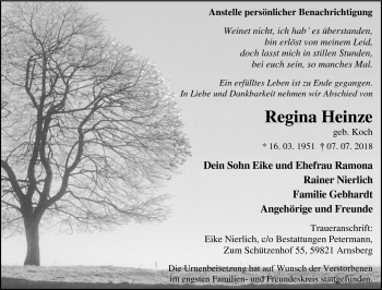 Traueranzeige von Regina Heinze von Südthüringer Presse
