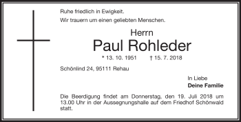 Traueranzeige von Paul Rohleder von Frankenpost
