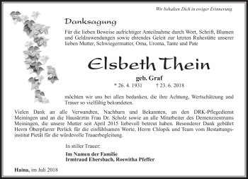 Traueranzeige von Elsbeth Thein von Südthüringer Presse
