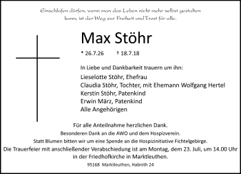 Traueranzeige von Max Stöhr von Frankenpost