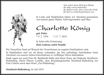 Traueranzeige von Charlotte König von Südthüringer Presse