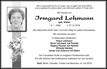 Traueranzeige von Irmgard Lehmann von Südthüringer Presse