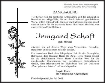 Traueranzeige von Irmgard Schaft von Südthüringer Presse