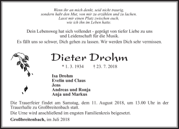Traueranzeige von Dieter Drohm von Südthüringer Presse