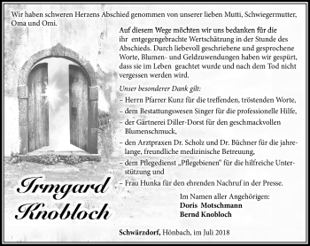 Traueranzeige von Irmgard Knobloch von Südthüringer Presse
