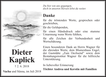 Traueranzeige von Dieter Kaplick von Südthüringer Presse