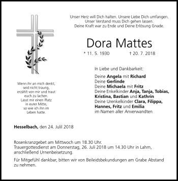 Traueranzeige von Dora Mattes von Neue Presse Coburg