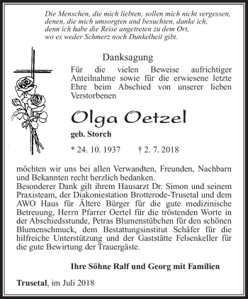 Traueranzeige von Olga Oetzel von Südthüringer Presse