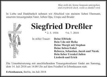 Traueranzeige von Siegfried Dreßler von Südthüringer Presse