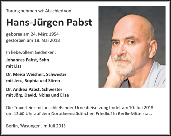 Traueranzeige von Hans-Jürgen Pabst von Südthüringer Presse