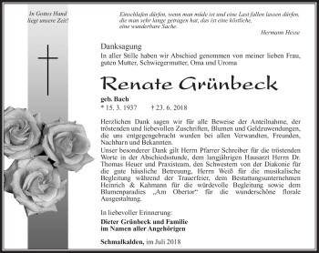 Traueranzeige von Renate Grünbeck von Südthüringer Presse