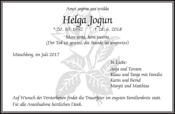 Traueranzeige von Helga Jogun von Frankenpost