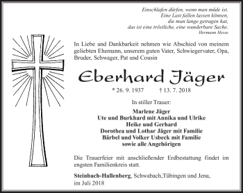 Traueranzeige von Eberhard Jäger von Südthüringer Presse