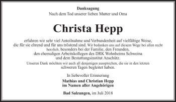 Traueranzeige von Christa Hepp von Südthüringer Presse