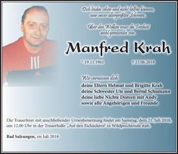 Traueranzeige von Manfred Krah von Südthüringer Presse
