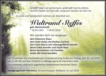 Traueranzeige von Waltraud Steffes von Südthüringer Presse