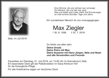 Traueranzeige von Max Ziegler von Frankenpost