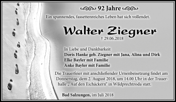 Traueranzeige von Walter Ziegner von Südthüringer Presse