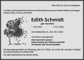 Traueranzeige von Edith Schmidt von Frankenpost