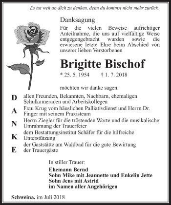 Traueranzeige von Brigitte Bischof von Südthüringer Presse
