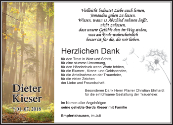 Traueranzeige von Dieter Kieser von Südthüringer Presse