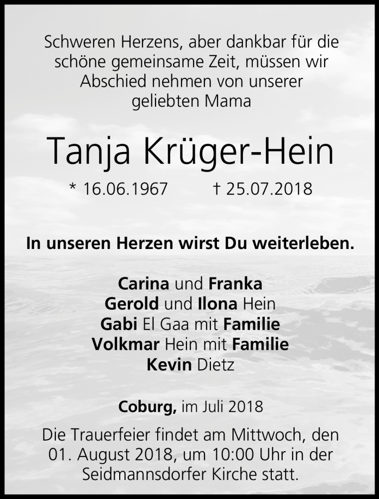  Traueranzeige für Tanja Krüger-Hein vom 28.07.2018 aus Neue Presse Coburg