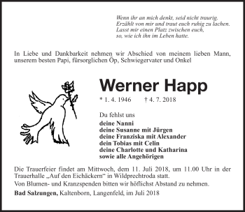 Traueranzeige von Werner Happ von Südthüringer Presse