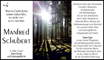 Traueranzeige von Manfred Schubert von Südthüringer Presse