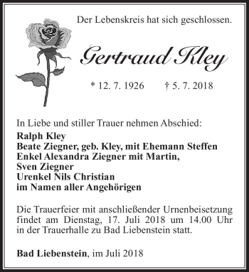 Traueranzeige von Gertraud Kley von Südthüringer Presse