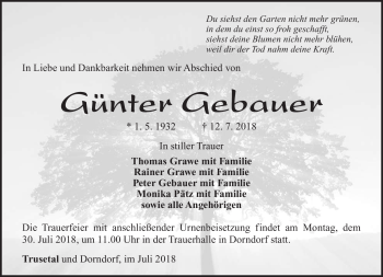 Traueranzeige von Günter Gebauer von Südthüringer Presse