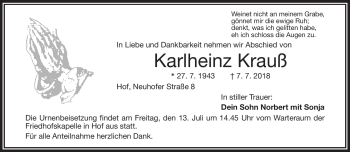 Traueranzeige von Karlheinz Krauß von Frankenpost