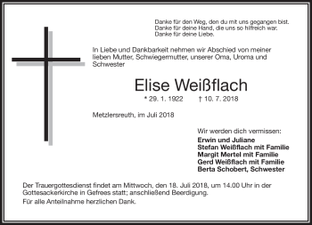 Traueranzeige von Elise Weißflach von Frankenpost