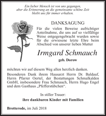 Traueranzeige von Irmgard Schmauch von Südthüringer Presse