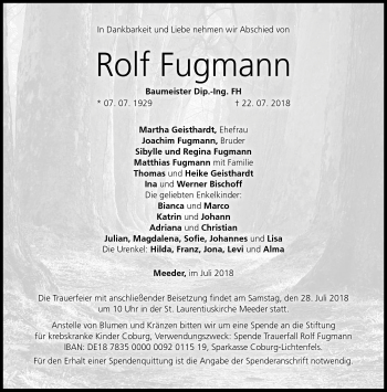 Traueranzeige von Rolf Fugmann von Neue Presse Coburg