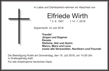 Traueranzeige von Elfriede Wirth von Frankenpost