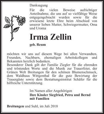 Traueranzeige von Irma Zellin von Südthüringer Presse