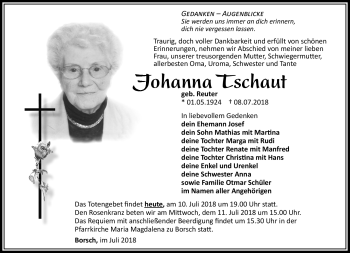 Traueranzeige von Johanna Tschaut von Südthüringer Presse