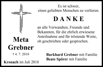 Traueranzeige von Meta Grebner von Neue Presse Coburg