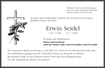 Traueranzeige von Erwin Seidel von Frankenpost